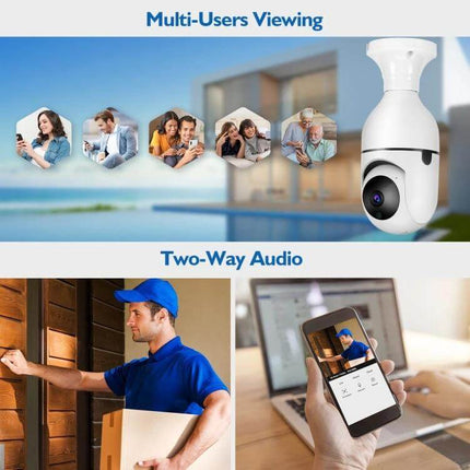 Smart Outdoor Light Bulb Camera for Home Security Monitoring showing multi-user viewing and two-way audio features with app live feed