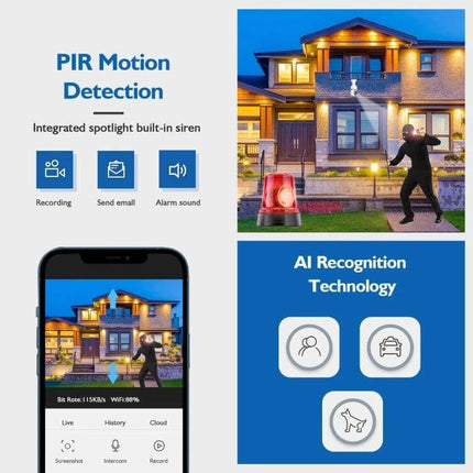 Smart Outdoor Light Bulb Camera for Home Security Monitoring showing PIR motion detection, AI recognition icons, and live smartphone alert
