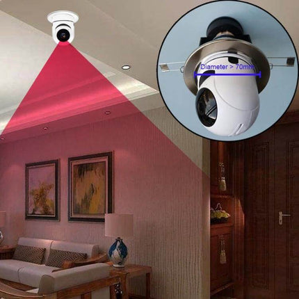 Smart Outdoor Light Bulb Camera for Home Security Monitoring mounted in living room showing coverage area and recessed fixture installation detail