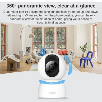 Xiaomi Smart Camera 2 PTZ for 360-Degree Home Monitoring in bright living room showing 360° panoramic view and PTZ rotation
