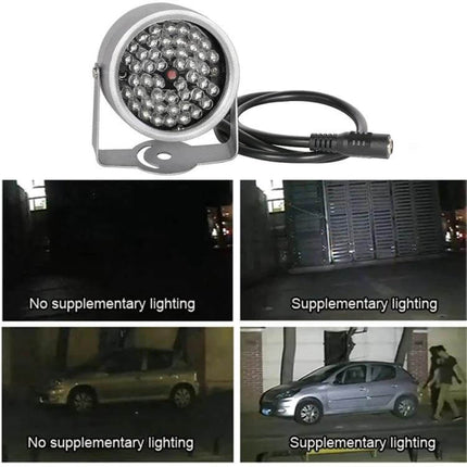 Infrared LED Auxiliary Light for Camera Night Surveillance showing round IR lamp with comparison images of improved night footage under supplementary lighting