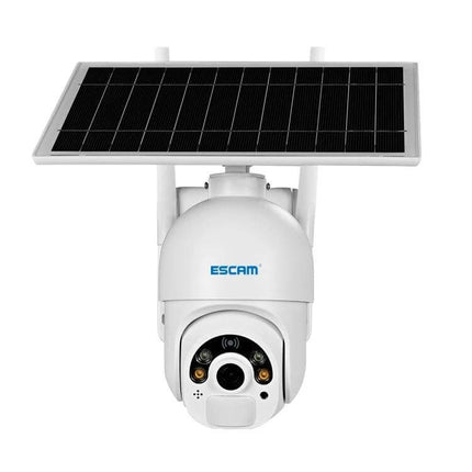 ESCAM QF250 Solar-Powered Wireless IP Camera for Outdoor Security mounted with solar panel showing HD lens and motion sensors