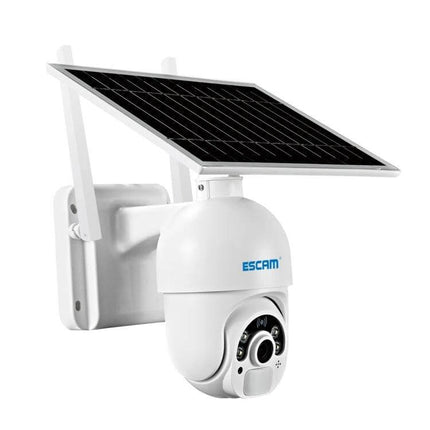 ESCAM QF250 Solar-Powered Wireless IP Camera for Outdoor Security mounted with solar panel, white outdoor PTZ camera for driveway and garden surveillance