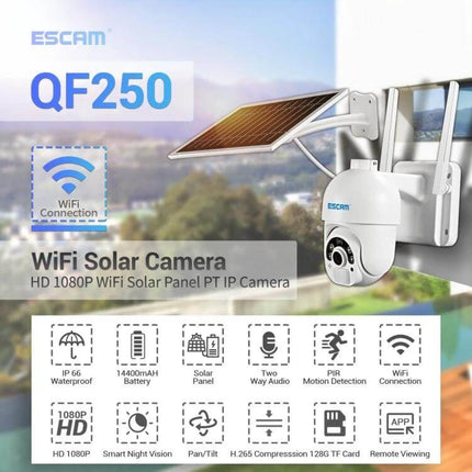 ESCAM QF250 Solar-Powered Wireless IP Camera for Outdoor Security mounted with solar panel overlooking driveway and garden