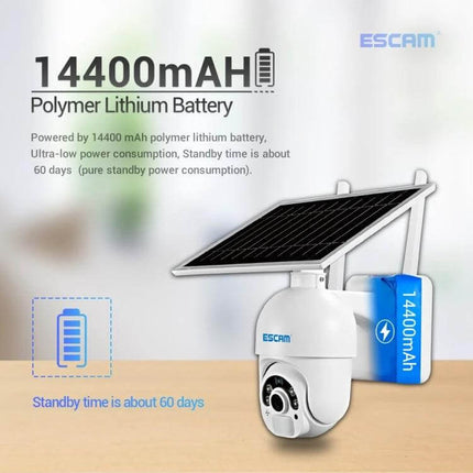ESCAM QF250 Solar-Powered Wireless IP Camera for Outdoor Security with 14400mAh battery and solar panel, 60-day standby