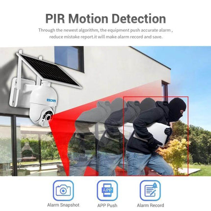 ESCAM QF250 Solar-Powered Wireless IP Camera for Outdoor Security showing PIR motion detection capturing intruder with solar panel and alarm snapshot