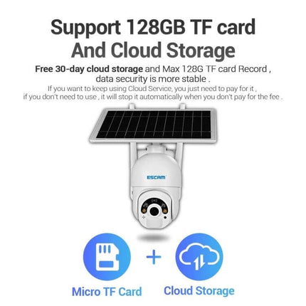 ESCAM QF250 Solar-Powered Wireless IP Camera for Outdoor Security showing solar panel, camera, micro TF card and cloud storage icons