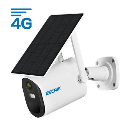 ESCAM Solar-Powered Wireless Security Camera for Outdoor Use showing white solar panel camera mounted for driveway or backyard monitoring