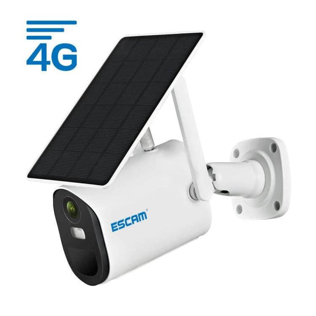 ESCAM Solar-Powered Wireless Security Camera for Outdoor Use showing white solar panel camera mounted for driveway or backyard monitoring
