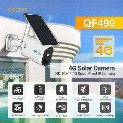 ESCAM Solar-Powered Wireless Security Camera for Outdoor Use mounted with solar panel on exterior wall monitoring driveway