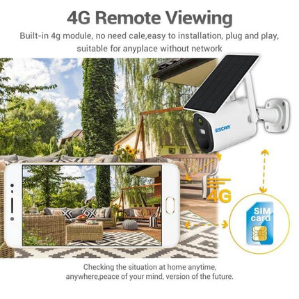 ESCAM Solar-Powered Wireless Security Camera for Outdoor Use showing solar camera monitoring a patio with 4G remote viewing on smartphone
