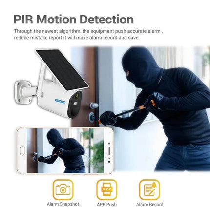 ESCAM Solar-Powered Wireless Security Camera for Outdoor Use showing PIR motion detection capturing a masked intruder and mobile alert