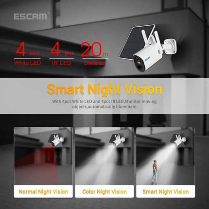 ESCAM Solar-Powered Wireless Security Camera for Outdoor Use showing solar panel, night vision modes and motion-activated LED illumination