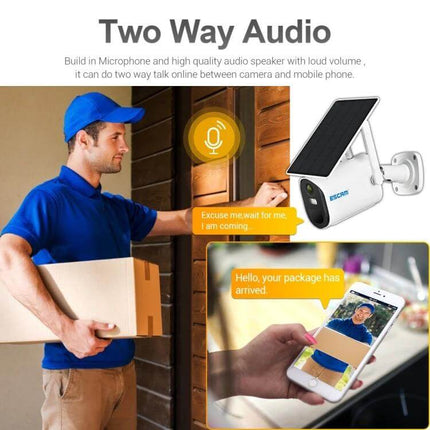 ESCAM Solar-Powered Wireless Security Camera for Outdoor Use showing two-way audio with delivery alert on smartphone