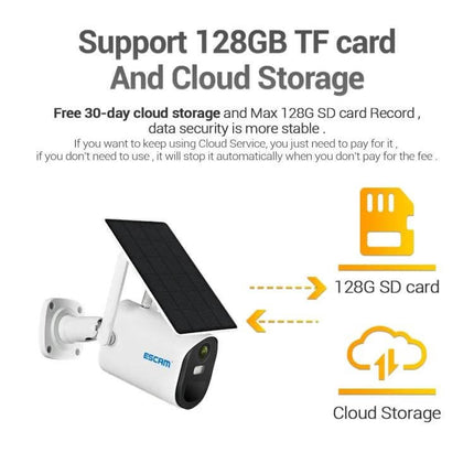 ESCAM Solar-Powered Wireless Security Camera for Outdoor Use showing solar panel, 128GB TF card and cloud storage support