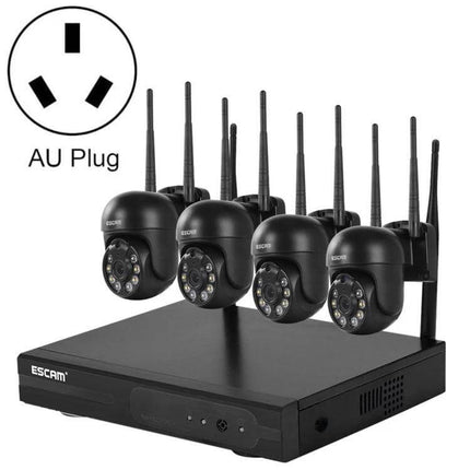ESCAM WNK614 8-Channel Wireless NVR Security System with Four Cameras showing four 3MP dome cameras, NVR unit and AU plug
