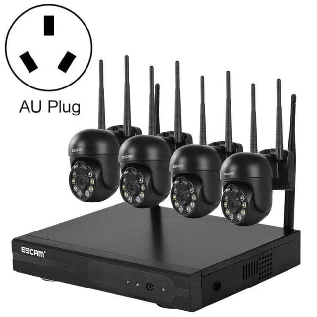 ESCAM WNK614 8-Channel Wireless NVR Security System with Four Cameras showing four 3MP dome cameras, NVR unit and AU plug