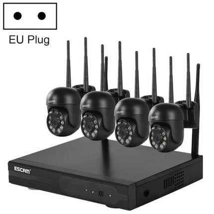 ESCAM WNK614 8-Channel Wireless NVR Security System with Four Cameras showing four dome cameras and NVR unit for home or small business monitoring