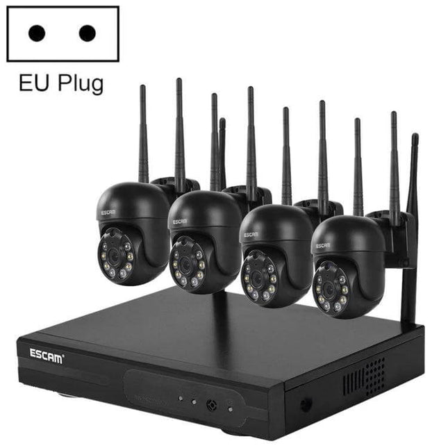 ESCAM WNK614 8-Channel Wireless NVR Security System with Four Cameras showing four dome cameras and NVR unit for home or small business monitoring