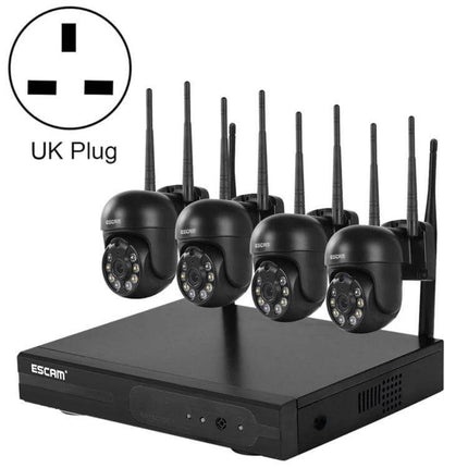 ESCAM WNK614 8-Channel Wireless NVR Security System with Four Cameras showing NVR and four black 3MP dome wireless cameras with UK plug icon