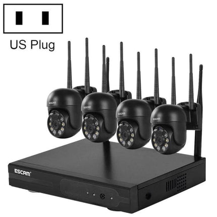 ESCAM WNK614 8-Channel Wireless NVR Security System with Four Cameras showing NVR unit and four 3MP wireless dome cameras for home or small business monitoring
