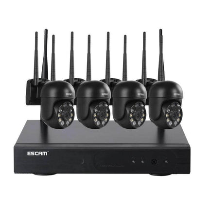 ESCAM WNK614 8-Channel Wireless NVR Security System with Four Cameras black NVR and four 3MP wireless dome cameras for home security