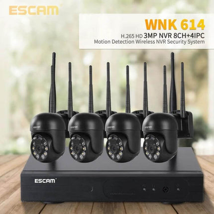 ESCAM WNK614 8-Channel Wireless NVR Security System with Four Cameras showing NVR and four 3MP wireless dome cameras on wooden surface