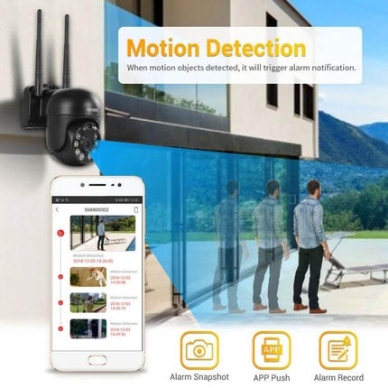 ESCAM WNK614 8-Channel Wireless NVR Security System with Four Cameras showing dome camera, motion detection alert and mobile app live feed