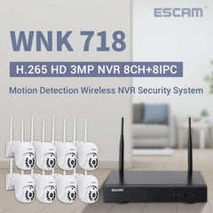 ESCAM WNK718 8-Channel 3MP HD Wireless Surveillance System with Dual Light Night Vision and Cloud Backup, UK Plug