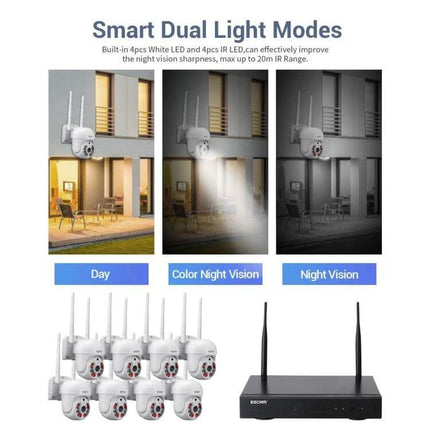 ESCAM Wireless Home Security System for Reliable Monitoring showing 8CH cameras, dual light day color night vision and wireless NVR