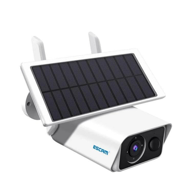ESCAM QF180 Solar WiFi IP Camera for Wireless Home Security - white solar-powered outdoor WiFi security camera with adjustable panel and night lens