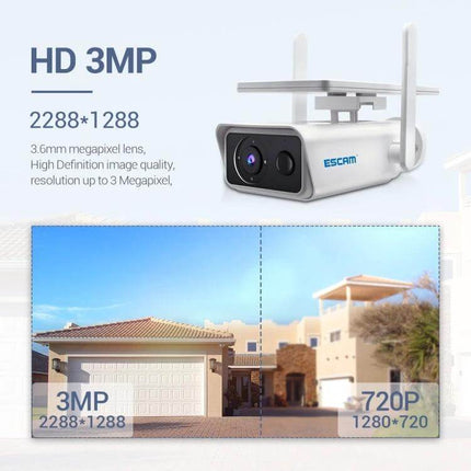 ESCAM QF180 Solar WiFi IP Camera for Wireless Home Security - outdoor solar-powered 3MP WiFi security camera showing resolution comparison 2288x1288