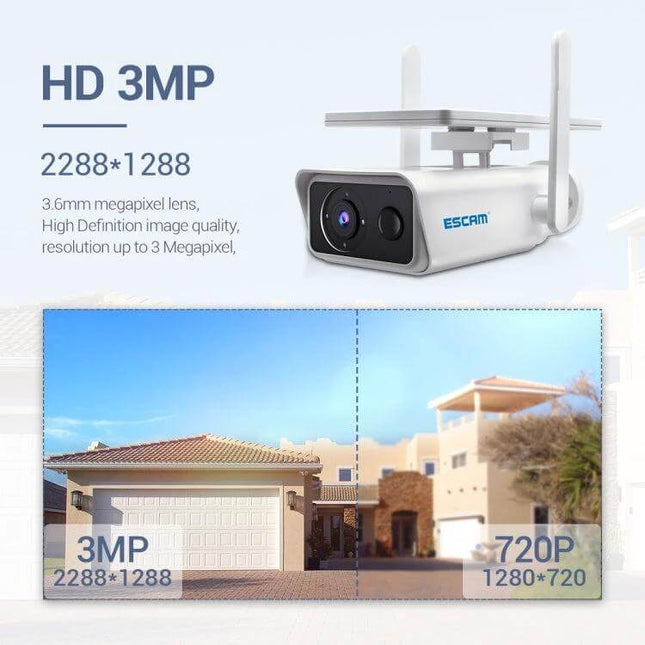 ESCAM QF180 Solar WiFi IP Camera for Wireless Home Security - outdoor solar-powered 3MP WiFi security camera showing resolution comparison 2288x1288
