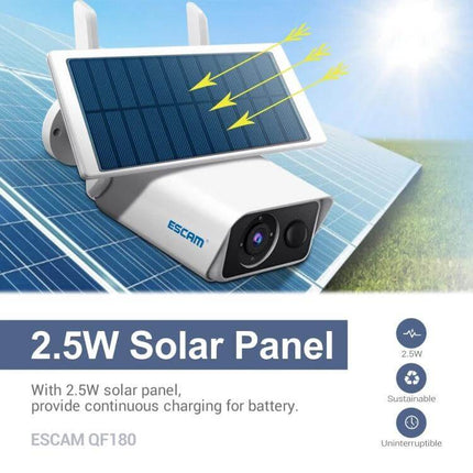ESCAM QF180 Solar WiFi IP Camera for Wireless Home Security with adjustable 2.5W solar panel for continuous outdoor monitoring