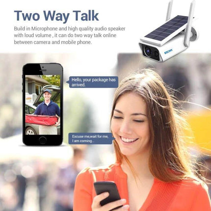 ESCAM QF180 Solar WiFi IP Camera for Wireless Home Security showing two-way talk demo with mobile app and solar panel camera