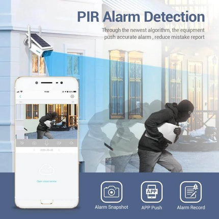 ESCAM QF180 Solar WiFi IP Camera for Wireless Home Security showing PIR motion detection, app push alerts, alarm snapshot and solar panel