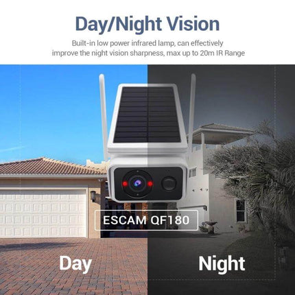 ESCAM QF180 Solar WiFi IP Camera for Wireless Home Security showing day and night vision with rooftop solar panel and motion detection