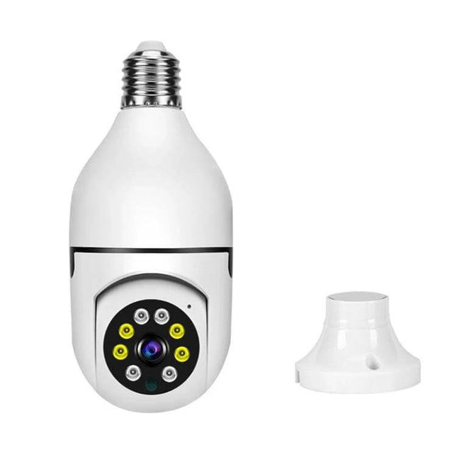 Wireless Smart Bulb Camera for Home Security with Two-Way Audio in white 1080P bulb camera with night lights and mobile app alerts