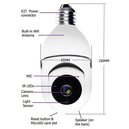 Wireless Smart Bulb Camera for Home Security with Two-Way Audio - 1080P bulb camera with E27 base, built-in WiFi, mic, IR LEDs, speaker, microSD slot