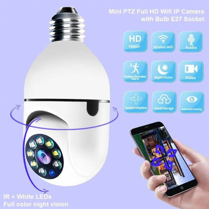 Wireless Smart Bulb Camera for Home Security with Two-Way Audio — 1080P bulb camera with two-way audio, motion alerts, night vision and mobile app access