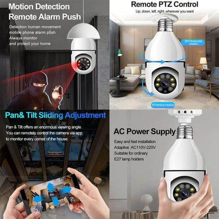 Wireless Smart Bulb Camera for Home Security with Two-Way Audio in-socket 1080P bulb camera showing PTZ, motion detection, two-way audio and mobile app control