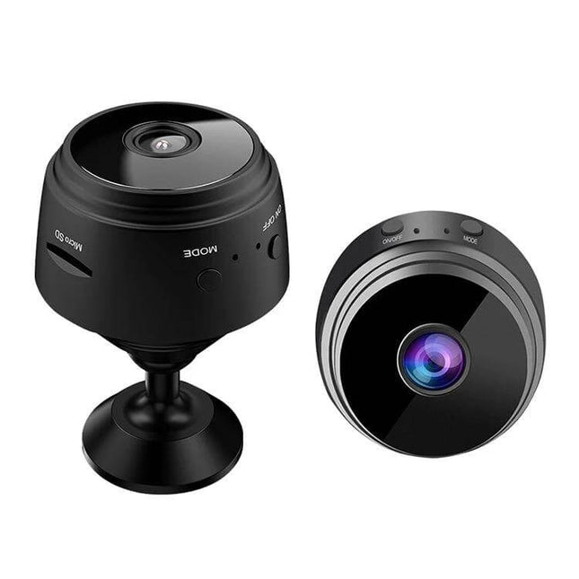 WiFi Wireless Security Camera with Wide-Angle Monitoring 1080P compact black indoor camera with night vision and mobile alerts