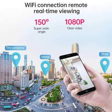 WiFi Wireless Security Camera with Wide-Angle Monitoring showing 150° view and 1080P live mobile feed for home and shop surveillance