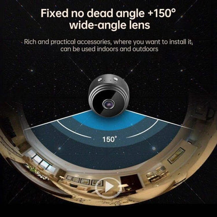 WiFi Wireless Security Camera with Wide-Angle Monitoring showing 150° wide-angle lens capturing a living room interior