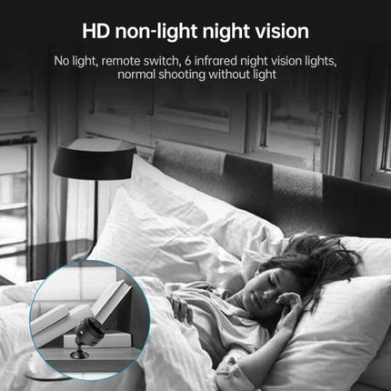 WiFi Wireless Security Camera with Wide-Angle Monitoring showing 1080P night vision monitoring a sleeping person in bedroom