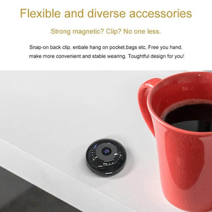 Camsoy C2T Wireless Action Camera with Secure Clip Design compact 19g camera shown on table next to red mug demonstrating clip accessory