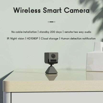 Camsoy S50 Wireless Action Camera for Outdoor Recording on tabletop showing small wireless smart camera with HD1080P, night vision, motion detection and two-way audio