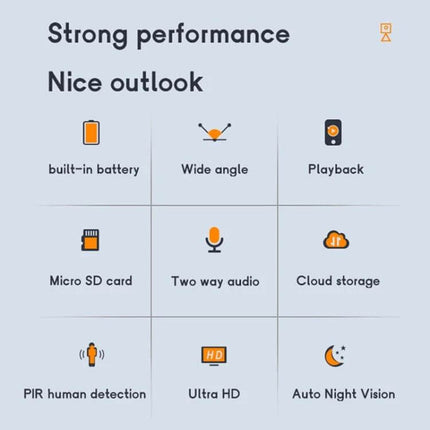 Camsoy S50 Wireless Action Camera for Outdoor Recording showing features grid: battery, wide angle, playback, SD, two-way audio, cloud, PIR, Ultra HD, night vision