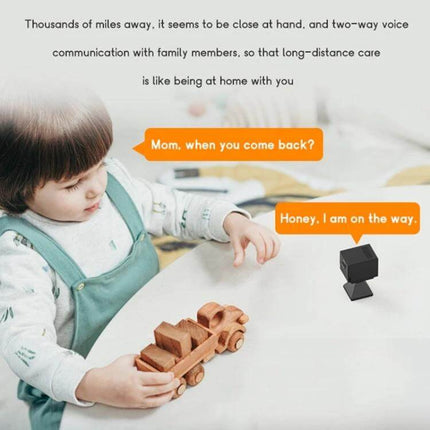 Camsoy S50 Wireless Action Camera for Outdoor Recording showing child playing with wooden toy and two-way voice chat on mobile app