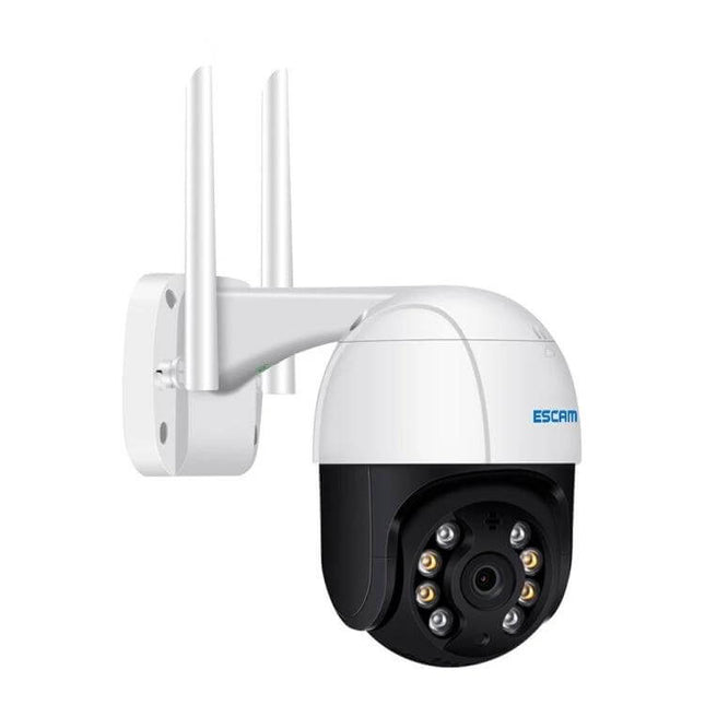 ESCAM Security Camera with AI Humanoid Detection - white outdoor PTZ 1080P camera with dual antennas and night LEDs